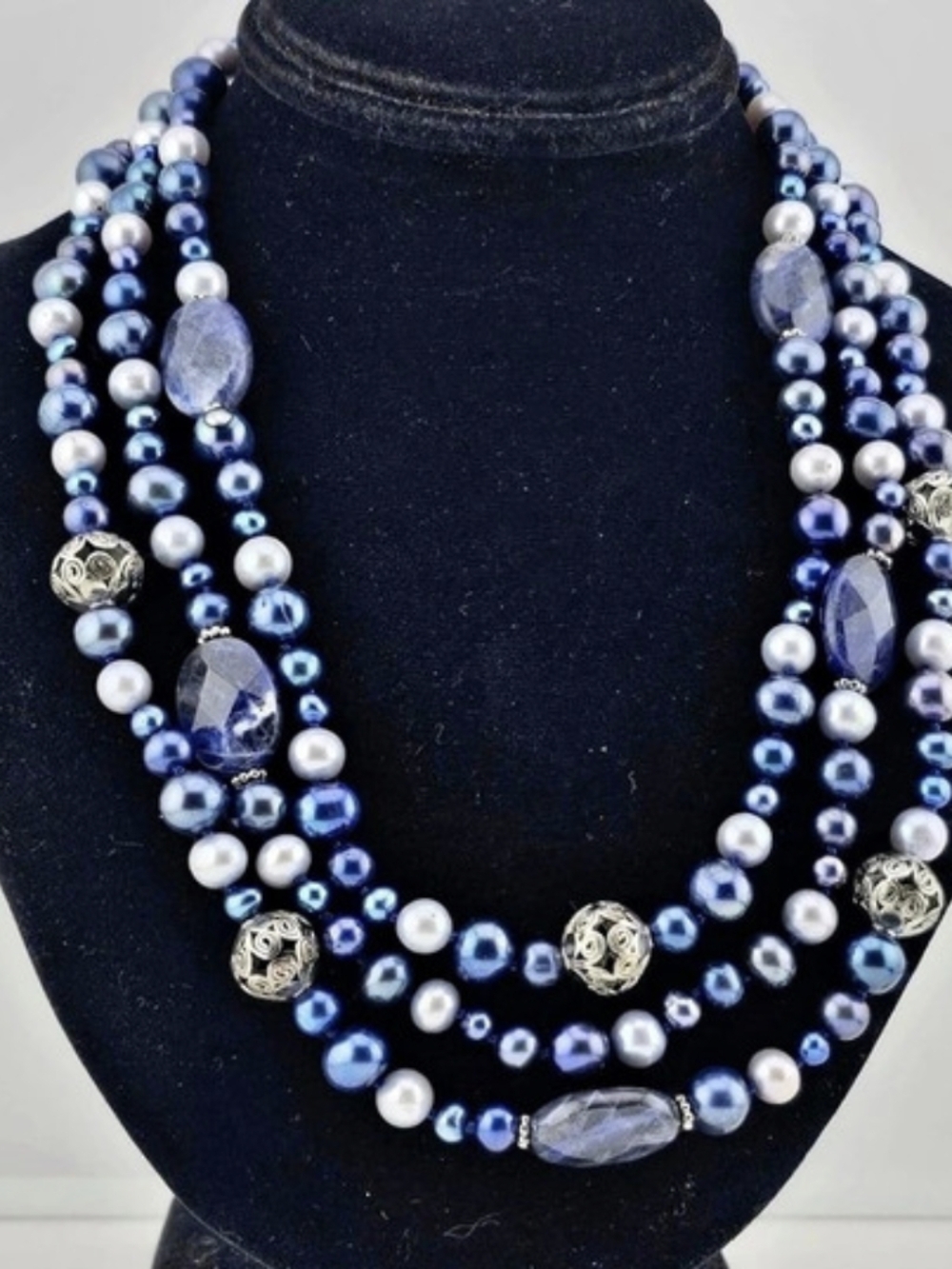 Layered Beaded Necklace in Blue & White Like New